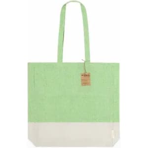 A tote bag in light green with a cream bottom, featuring two sturdy handles and a tag.