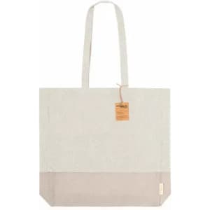 A tote bag in a light grey fabric with a beige bottom, featuring two handles and a tag.