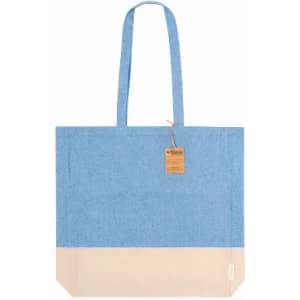A tote bag in blue and beige with long handles and a tag attached. Includes a logo on the bag.