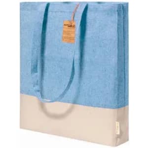 A tote bag featuring a blue upper section and a beige lower section, with two handles and a tag.