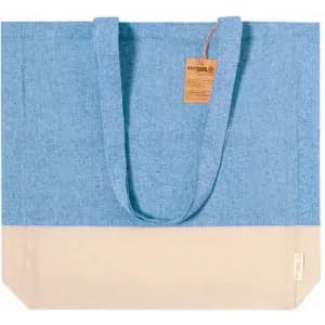 A tote bag in blue and beige, featuring sturdy handles and a tag attached.