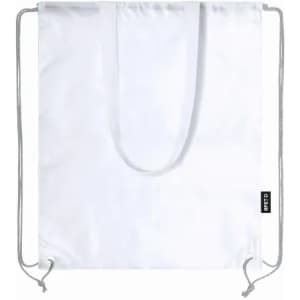 A drawstring bag in white with grey cords and a branded label on one side.