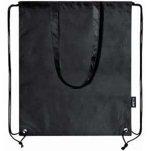 A drawstring backpack in solid black with two straps and a logo at the base.
