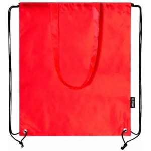 A red drawstring bag with two long straps and metal eyelets at the base, featuring a branding tag.