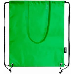 A drawstring bag in vibrant green with black cords and a brand logo on the side.
