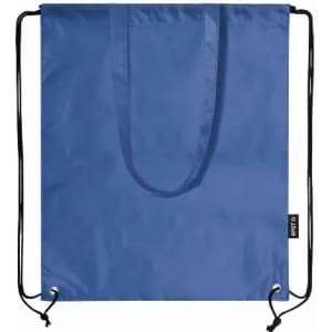 A drawstring bag in a vibrant blue colour with black straps and a branded tag.