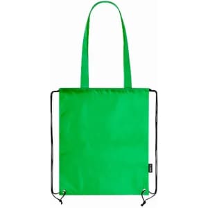 A green tote bag featuring two shoulder straps and adjustable drawstring closures. It has a simple, flat design.