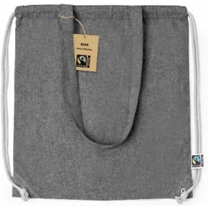 A grey drawstring bag with a tag and a logo, featuring fabric handles and stitching detail.