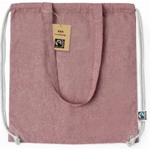 A drawstring bag in a dusty pink colour with a textured finish and a logo tag.