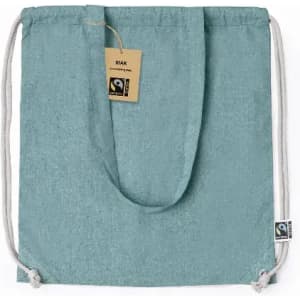 A drawstring bag in a soft teal colour with a tag and a logo. The bag features a simple design and fabric texture.