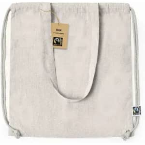 A drawstring bag in a light beige colour with a tag and branding. The bag has a simple, minimalist design.