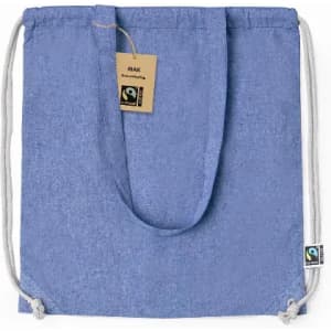 A drawstring bag in a light blue colour, featuring a tag and a logo on the side.