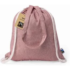 A drawstring bag in a soft pink colour with a textured finish and a logo tag attached.