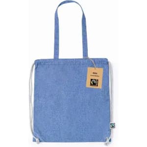 A blue drawstring bag with shoulder straps, featuring a tag and a logo.
