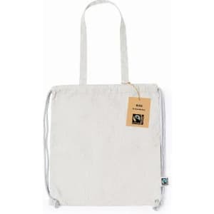A drawstring tote bag in light grey with shoulder straps and a branded tag attached.