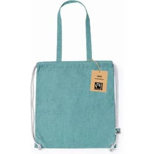 A drawstring bag in light teal with two handles and a tag, featuring a logo and Fairtrade branding.