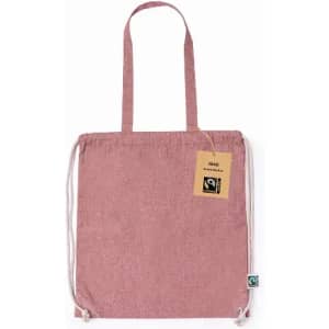 A drawstring bag in a soft pink hue with long handles and a tag. It features a logo.