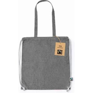 A grey drawstring bag with two shoulder straps and a tag attached, featuring a logo.