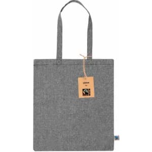 A grey tote bag with two handles and a tag attached, featuring a logo and branding.