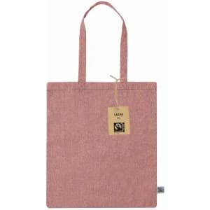 A reusable tote bag in a soft pink colour, featuring two handles and a tag with a logo.