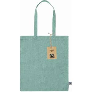 A mint green tote bag with two handles and a tag attached. The bag features a logo.
