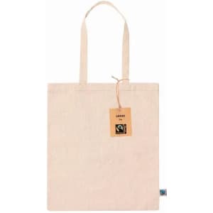 A natural cotton tote bag in a light beige colour, featuring shoulder straps and a tag.