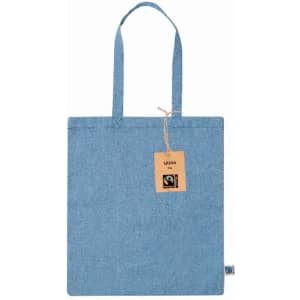 A blue tote bag with two handles and a tag. It features a logo and a plain design.