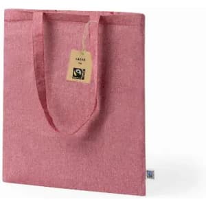 A pink tote bag with two handles and a tag attached, featuring a logo.