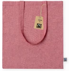 A pink tote bag with a simple design, featuring two handles and a tag with a logo.