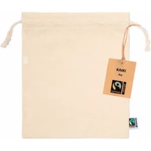 A drawstring bag in natural cream fabric with a tag, featuring a logo and branding.