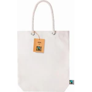 A white tote bag with a rope handle and a tag, featuring a logo on the side.