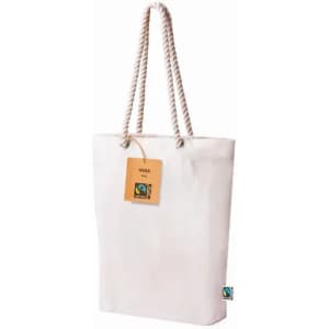 A tote bag in off-white with rope handles, featuring a small logo tag.