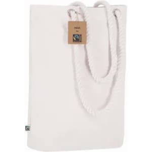 A cream tote bag with rope handles, featuring a tag and a logo. The bag is simple and stylish.