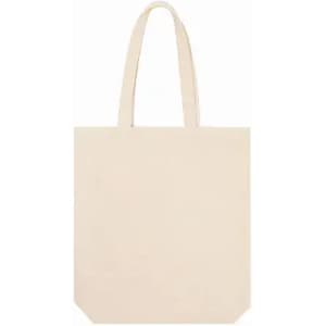 A tote bag in a light beige colour with two handles and a simple design. It features a logo on one side.