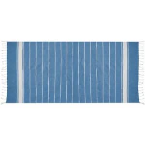 A blue and white striped blanket with fringed edges. The fabric has a soft, textured appearance.