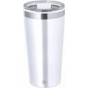 A drink bottle in stainless steel with a shiny silver finish and clear lid. It features a logo on the surface.