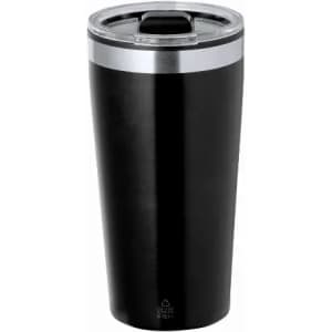 A drink bottle with a sleek black design and a silver lid, featuring a clear, durable top.