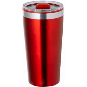 A red drink bottle with a silver band and a clear lid, featuring a logo on the side.