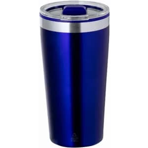 A drink bottle in a deep blue finish with a stainless steel rim and a clear lid. It features a logo on the side.