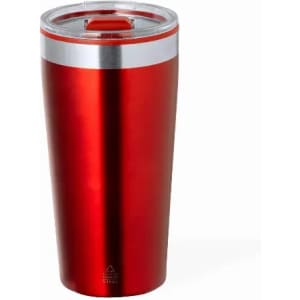 A drink bottle in shiny red with a silver band at the top and a clear lid. It features a logo.