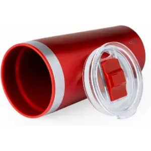 A drink bottle in bright red with a clear lid featuring a rubber seal and a logo on the body.