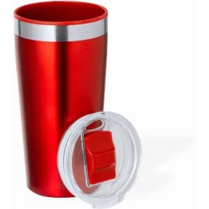 A drink bottle in vibrant red with a silver band, featuring a clear lid and a sliding opening mechanism.