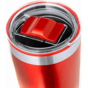 A drink bottle with a shiny red exterior and a clear lid featuring a red sliding cap, accented with silver.