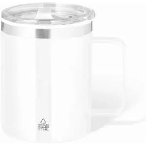 A drink bottle in white stainless steel with a clear lid and a handle. Features a sleek, modern design.