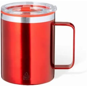 A drink bottle in shiny red with a clear lid and a handle. It features a silver band around the top.