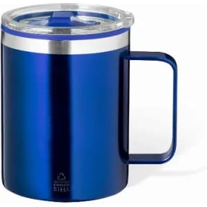 A drink bottle featuring a blue stainless steel body, clear lid, and a sturdy handle. It has a logo on the front.