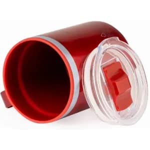 A drink bottle in vibrant red with a grey band and a clear lid featuring a red slider.