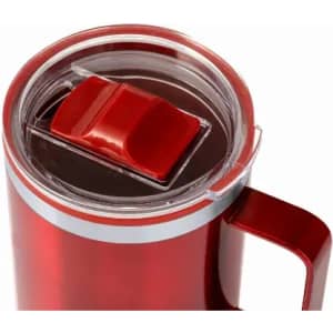 A drink bottle in vibrant red with a clear lid and a sliding closure, featuring a handle.