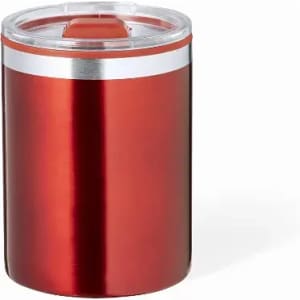 A drink bottle in bright red with a transparent lid and silver trim. It has a sleek, cylindrical design.