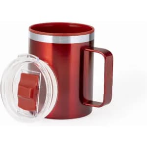 A drink bottle in shiny red with a silver lid and a clear, sliding cover for easy access.